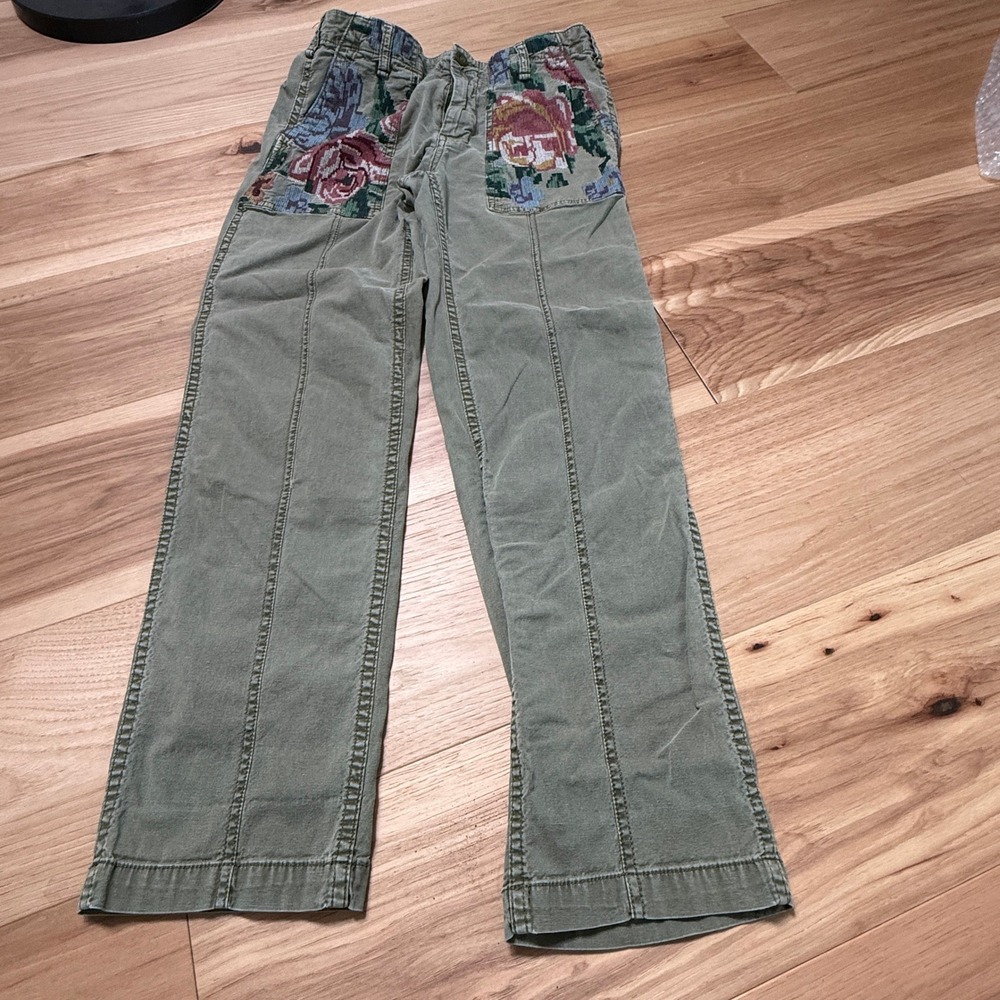 Anthropologie Embroidered Trousers Women 26 Olive Green Floral Brocade Relaxed